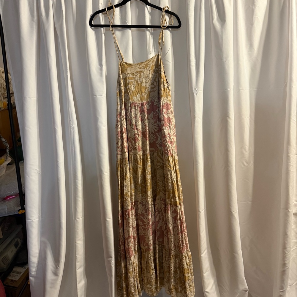 By Together Floral Maxi Dress with Tie Shoulder Straps in Pink and Gold - Size M